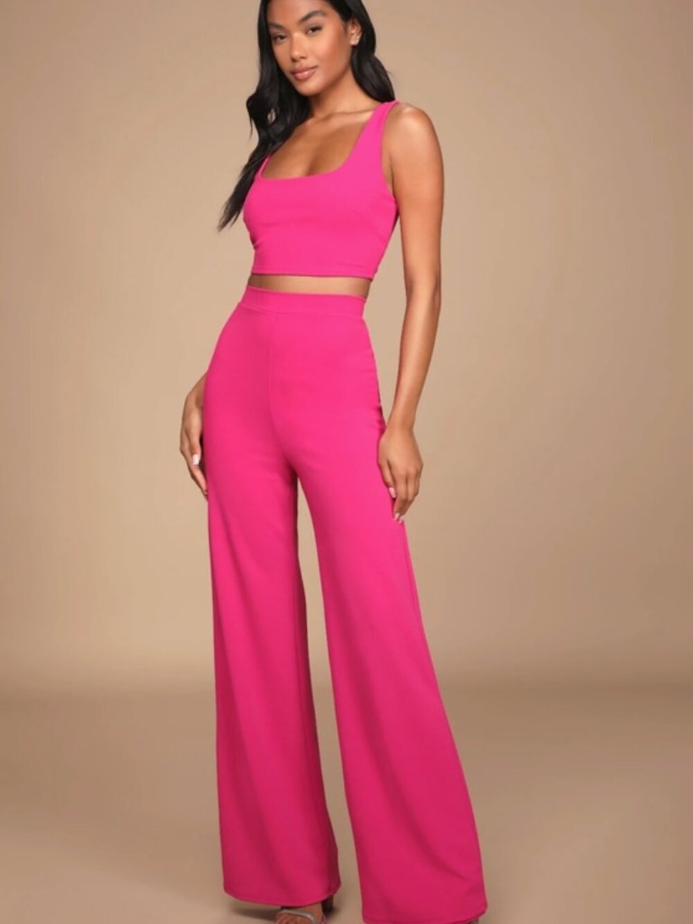 Lulus Only Tonight Hot Pink Two-piece Wide-leg Jumpsuit - Size L